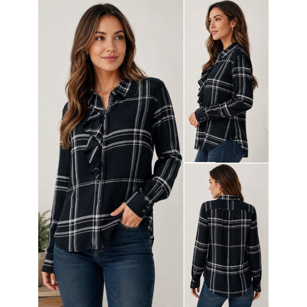 Banana Republic Dillon Shirt XS Navy White Plaid Ruffle 100% Viscose